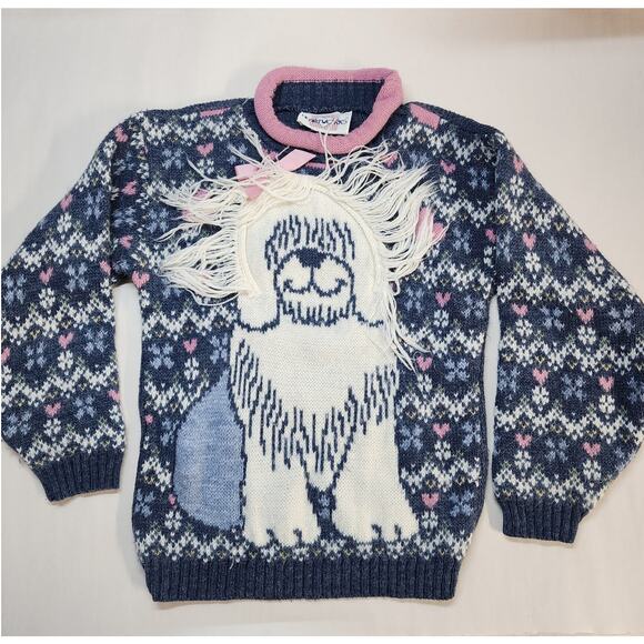 Vintage Heartworks 3D Knit Sweater Girls 4T Dog Hearts Roll Neck Twee Retro 80s - Picture 1 of 11